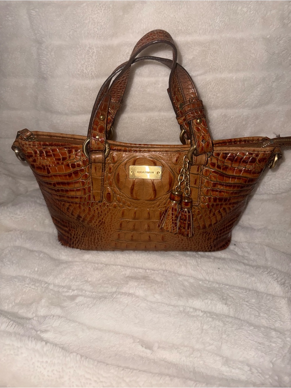 Brahmin Cognac Croc-Embossed Leather Tote with Tassel